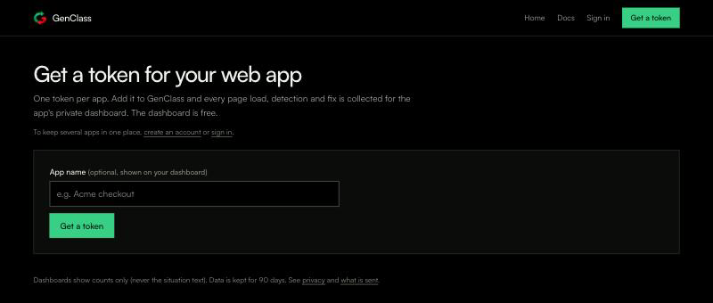 The Get a token page on genclass.dev: an optional app name and a Get a token button. The dashboard is free.